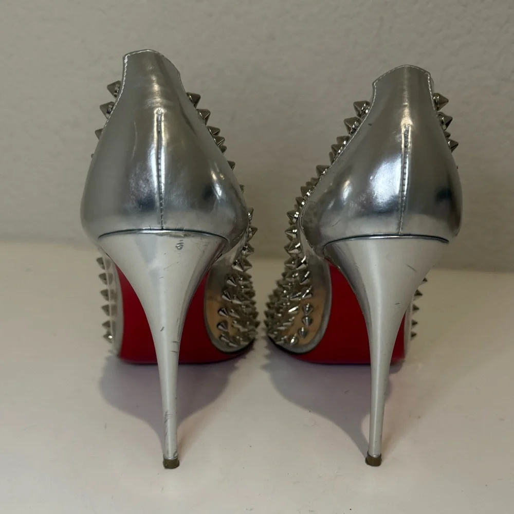 Christian Louboutin Metallic Silver Gloss Clear PVC Spike Me 100 Pumps Size 39